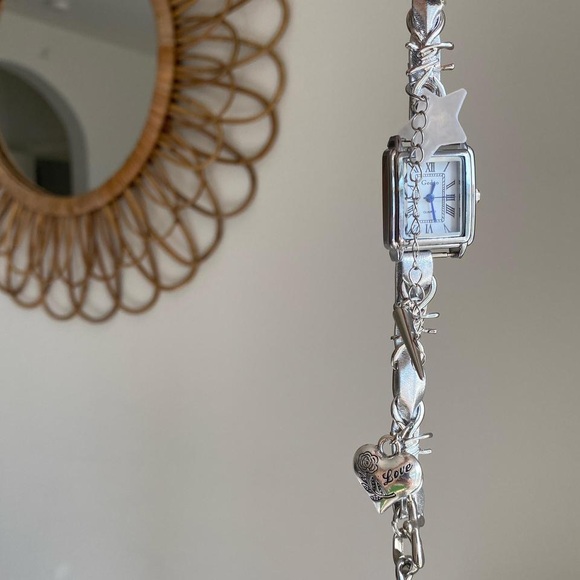 Y2K Silver Watch Clock Choker Metal butterfly star heart whimsical Necklace - Picture 4 of 6